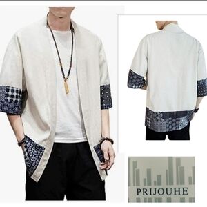 Prijohue Men's Beige and Black Cardigan Kimono Size Xl